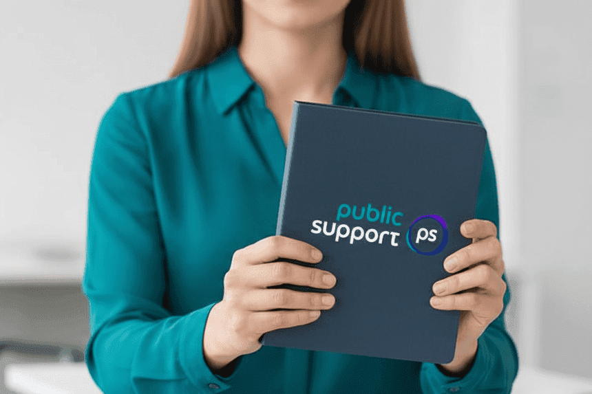 vrouw die notieboek vast houdt met een logo van public support erop